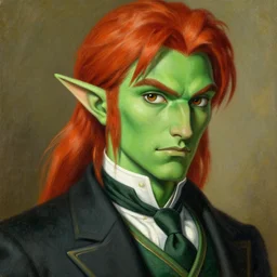 detailed painting of ganondorf from legend of zelda as an elegant gentleman, style of jc leyendecker, highy detailed face, high quality suit,, intricate, soft lighting, beautiful art, green skin, red hair h 6 4 0