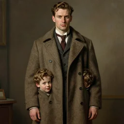 hyper - detailed accurate rendered 1 9 5 0 s retro a tall man that is secretly two kids hiding inside an overcoat, wearing a large overcoat. by jean - baptiste monge