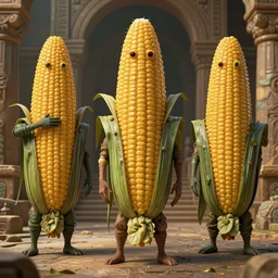 costume design made for corn aliens, sophisticated composition, old masters light composition, procedurally generated, character posing for concept art, ancient ruins behind, substance designer, PBR, HD, Ultra detailed, hyperrealistic, megascans, volumetric light, concept by master artist, made in paint tool SAI2, trending pixiv face