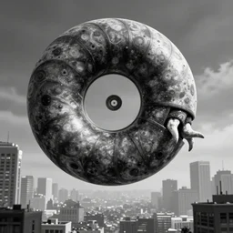 nautilus with extra teeth, prometheus movie monster, highly detailed background, black and white, looming city, haze,