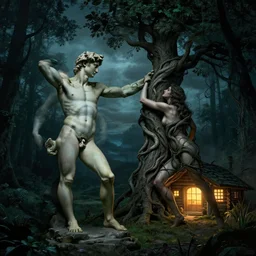 the creation of adam by michelangelo, replaced with a woman and a man, a twisted tree, tree branches intertwine limbs, in front of a glowing log cabin at night, overcast skies, dark blues and greens, dark forest background, dark, nightmare, dreamlike, octane render, highly detailed, intricate detail, 4 k, 8 k, trending on artstation
