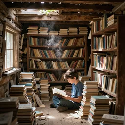 a young boy reading a book in a shoddy log cabing full of books; motes of dust can be seen in the sunlight filtering through gaps in the roof; the books are scattered without any apparent organization in piles and shelves everywhere with barely the space to walk around; not that there are that many books, the place is just really small
