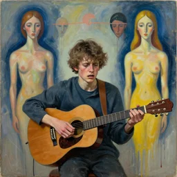 nervous boy with acoustic guitar, vincent lefevre and hernan bas and pat steir and peter doig and hilma af klint, psychological, photorealistic, dripping paint, washy brush, rendered in octane, altermodern, masterpiece