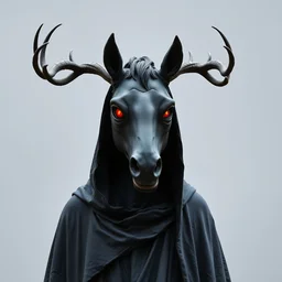 an ominous haunting horse mask with many red eyes and twisting antlers figure wearing a black robe, full figure, statue