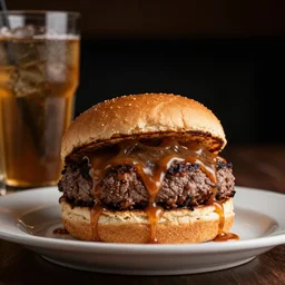 food, sandwich, hamburger, steak, drinks, juicy meat, dripping sauce, dramatic lighting, cinematic, food documentary