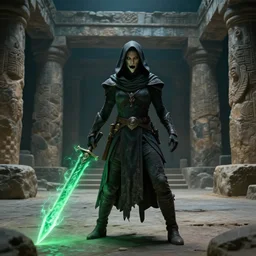 vfx film, photorealistic render, soul reaver, raziel irl, price of persia movie, missing jaw, hero pose, devouring magic souls, scarf, hood, glowing green soul blade, in epic ancient sacred huge cave temple, stonehenge, flat color profile low - key lighting award winning photography arri alexa cinematography, hyper real photorealistic cinematic beautiful, atmospheric cool colorgrade