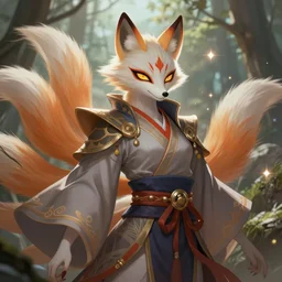 a painted avatar portrait of an awesome powerful humanoid kitsune fox mage themed around life and death, in the style of dnd beyond avatar portraits, beautiful, artistic, elegant, lens flare, magical, lens flare, nature, realism, stylized, art by jeff easley