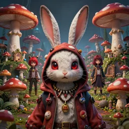 4 k headshot portrait of a psychedelic demonic anthropomorphic bunny rabbit with mushroom themed clothes, magic mushroom village in background. award winning. superb resolution. in the art style of junji ito and greg rutkowski. detailed mushroom city in background. hyper realistic anime. perfect art. dalle 2