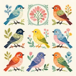 colorful print of cute little birds botanical artwork, multicolor lino block print with vignettes, created by ernst haeckel, greg hildebrandt, mary delany in the style of painting toon shades, colorful ink, vibrant, warm pastel, colorful dark vector, smooth curves, graphical, detailed, trending in art station h 9 6 0