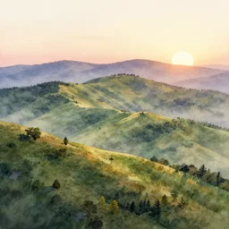 hills at sunrise, high quality watercolors, award winning, trending on artstation
