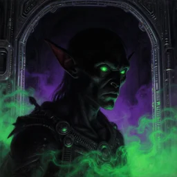 a close - up view portrait of a silhouetted supernatural goblin in brutalist halls with metallic alien technology. close - up view, detailed textures. glowing green purple fog, dark black background. highly detailed fantasy science fiction painting by moebius, norman rockwell, frank frazetta, and syd mead. rich colors, high contrast