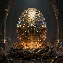 in the magic nest, a mystical steampunk dragon egg covered with huge electroplated scales, magic light dust, horizon zero dawn machine, intricate. symmetrical. dim lighting, unreal engine 5, concept art ， by greg rutkowski, loish, highly rendered, digital painting, artstation, artstation hq, mysterious toplight 8 k