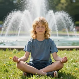 A beautiful caucasian young boy with long blonde hair meditating in a grass field on a sunny day with a beautiful big fountain in the background. Psychedelic, Roy Lichtenstein