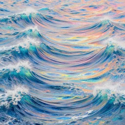 highly detailed iridescent ocean waves with many different shades of blue pink orange yellow green, by gilbert williams, by simon stalenhag, by beeple, by bruce pennington, by james jean, featured in juxtapoz, mixed media, dynamic composition, octane render