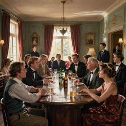crowd of people in a bar in the style of Norman Rockwell and Francis Bacon and Edward Hopper. Strange interior living room with lots of people, surreal