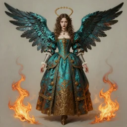 character concept sheet of an angel knight gothic girl in baroque dress. by ( rembrandt painting ( 1 0 0 ) ( fractal flame ) ), highly detailded, turquoise rust