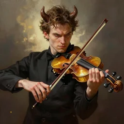 portrait of a man playing violin violin violin violin fiddle fiddle fiddle, man is handsome, menacing and looks like devil, violin is made of gold, photorealistic, medium shot, cinematic lighting, digital art, illustration, very detailed, 1 2 3 4 by tom bagshaw