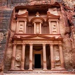 the temple of petra with columns carved as anime characters