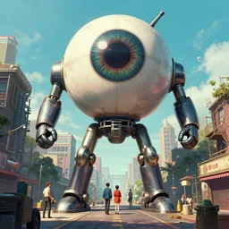 A 1950s city scene with a giant Mecha EYEBALL looming overhead, rendered by simon stålenhag, rendered by Beeple, Makoto Shinkai, syd meade, environment concept, digital art, unreal engine, 3 point perspective, WLOP, trending on artstation, low level, 4K UHD image, octane render,