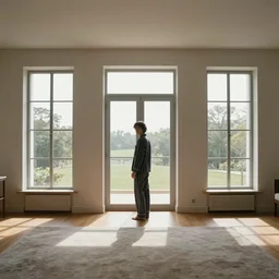 person in pyjamas standing near window, turned back to camera, cinematographic, sun rays, daylight, big french door window with walls to the sides, windowsill, big spacious room, carpet at the floor, wide shot, furnished room, anamorphic shot lens, window at the center, wooden floor, modern, photorealistic, high ceiling