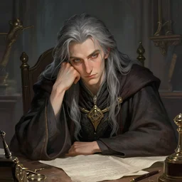 fantasy portrait of a wizard procrastinating at his desk!!, grey hair. wizard robes, in the style of ryan jia, highly detailed. smooth, sharp focus, soft lighting, illstration by ilya kuvshinov and katsura masakazu and alphonse mucha, 8 k
