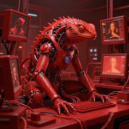 only with red, a red lizardman in symbiosis with technology, red computers monitors wires, in a red laboratory, dorohedoro vibes, in the style of beksinski, parts by edward hopper, parts by michael sowa, parts by yue minjun, intricate composition, red by caravaggio, highly quality, highly detailed, masterpiece, red light, artstation
