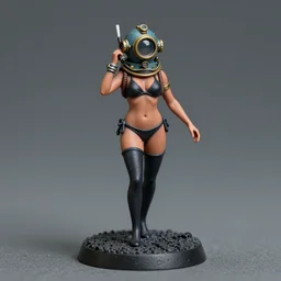 80mm resin detailed miniature of a Diver woman, steampunk diving helmet, black-bikini, stomach skin, navel, belly, tights, foot, textured base; Miniature Product Photos, 4K, view from front