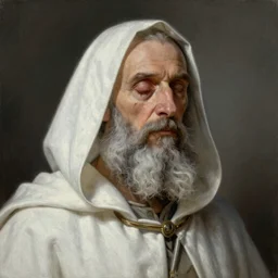 portrait of an old man with long gray beard and a blind eye with a scar and him wearing a white cape with a hood on, Matte painting , detailed painting, made by Greg Rutkowski, 4k, atmospheric