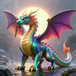 a rainbow dragon standing under the rain with the sun behind them, 4k detailed, digital art, very beautiful