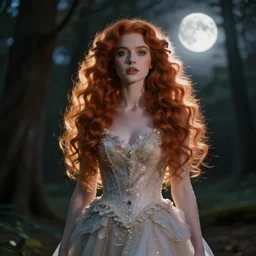 beautiful woman with long curly red hair in elaborate gown, rim lit, forest, moon in background, photo realistic, cinematic atmosphere, octane render, 8 k, ethereal, dramatic lighting