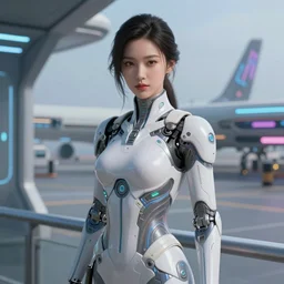 portrait futuristic asian airforce girl, looking at the camera, in future airport rooftop , sci-fi, fantasy, intricate, very very beautiful, elegant, human anatomy, neon light, highly detailed, digital painting, artstation, concept art, smooth, sharp focus, illustration, art by tian zi and WLOP and alphonse mucha