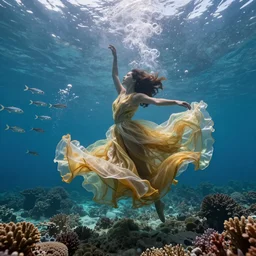 woman dancing and spinning underwater wearing a long dress made of many layers of translucent gold and green fabrics flowing in the fast current, coral sea bottom, swirling schools of silver fish, bubbles, swirling smoke shapes, octane render, caustics lighting from above, cinematic