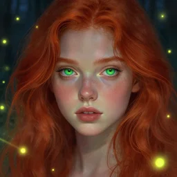 sharp, intricate fine details, breathtaking, digital art portrait of a red haired girl with green eyes in a dreamy, mesmerizing scenery with fireflies