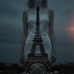 a women wearing an eiffel tower dress. moody and melancholy. with a little bit of lens flare. digital art by beeple