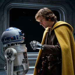 cinematic still image screenshot portrait of cybernetic luke skywalker wearing a yellow cape stares down at his cybernetic hand, while he is talking to a lonely medical droid, from the tv show on disney + anamorphic lens, ending from empire strikes back crisp 4 k imax, lit from below, underlight, moody iconic scene, a window frame into space behind them
