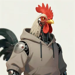 a portrait of a futuristic robotic rooster wearing a hoodie, artstation, illustration