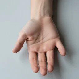 a photo of one ultra detailed photorealistic woman's hand with cupped palm up, back of hand on the table, palm pattern visible, instagram photo, studio photo, 9 0 mm, f / 1. 4