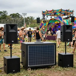 solarpunk utopia, village celebration with high technology fusion generator, vege market and outdoor psytrance party, funktion 1 speakers, XF IQ4, 150MP, 50mm, F1.4, ISO 200, 1/160s, natural light