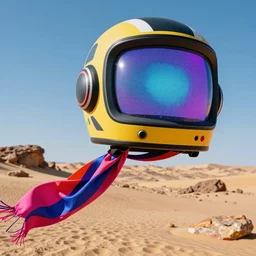 A 200ft editorial model flying with a massive cyberfunk digital screen vintage helmet and long scarf in desolated rock sand dunes award winning editorial photo in the style of Memphis group bold colorful shapes as a close up shot F2.8