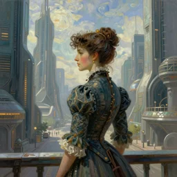 portrait of a victorian lady in a futuristic city, from behind, streets, beautiful, sci-fi, open sky, tall buildings, highly detailed, digital painting by Van Gogh