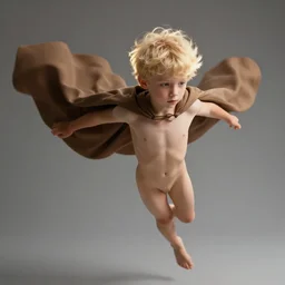 blonde boy wearing a brown cape and flying, au naturel, hyper detailed, digital art, radiant highlight, trending in artstation, cinematic lighting, studio quality, smooth render, unreal engine 5 rendered, octane rendered, art style by klimt and nixeu and ian sprigger and wlop and krenz cushart.