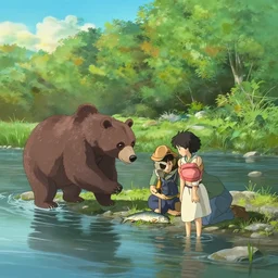 rendering of a scene with a bear eating a fish near the river by makoto shinkai and thomas kinkade, fantasy matte painting, trending on cgsociety and unreal engine, light effect, highly detailed, super wide angle