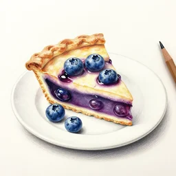 Colored pencil art on paper, Blueberry pie slice on a plate, highly detailed, artstation, MasterPiece, Award-Winning, Caran d'Ache Luminance