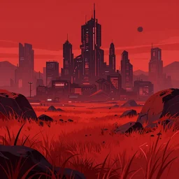 desrt, lights, cyberpunk city, red grass,rocks, red sky, neon color, illustration, concept art, fantasy, by greg rutkowski, Trending on artstation, deviantart
