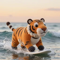 a closeup photorealistic photograph of an energetic knitted tiger hippopotamus riding a large wave during sunset. surf in the background. professional capture. brightly lit scene. this 4 k hd image is trending on artstation, featured on behance, well - rendered, extra crisp, features intricate detail, epic composition and the style of unreal engine.