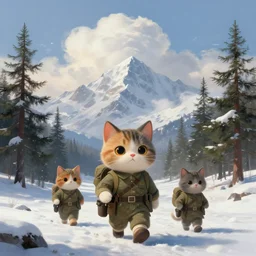 portrait of cute cat soldiers traveling in tundra between pine trees underneath big mountains with giant clouds, facing the camera, digital painting by rembrandt, volumetric lighting, concept art, d & d, artstation, epic 8 k
