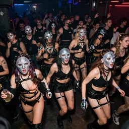 photograph of a provocative techwear packed busy rundown nightclub, lots of people, males and females looking afraid and running, variety of sharp sparkly creepy masks, harnesses and garters, some people holding drinks or have robot limbs or have cybernetic mods, tattoos and piercings, retrofuturism, brutalism, cyberpunk, sigma 85mm f/1.4, 15mm, 35mm, long exposure, 4k, high resolution, 4k, 8k, hd, wide angle lens, highly detailed, full color, harsh light and shadow, intoxicatingly blurry