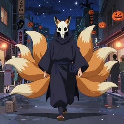 an anime about a ninja character with an animal skull for face, 9 massive fox tails trailing behind magical grim reaper robes, walking through a crowded city street at night under starry skies, halloween decorations, wonder, anime, furry, peaceful, street view, vhs, art by yuji ikehata and hayou miyazaki, trending on art station