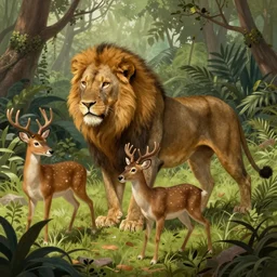 illustration of a lion hunting a deer in the jungle, highly detailed, digital painting, artstation, concept art, smooth, sharp focus, illustration, art by artgerm and greg rutkowski and alphonse mucha