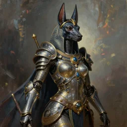 Mystical Atlantean Valkyrie, Regal, Realistic, Refined, full portrait of a beautiful female Anubis Cyborg Warrior, Detailed Digital Art, Oil Painting, William-Adolphe Bouguereau, Steampunk, Walt Disney (1937), dynamic lighting, very beautiful, character illustration by François Boucher, Highly Detailed, Cinematic Lighting, Unreal Engine, 8k, HD